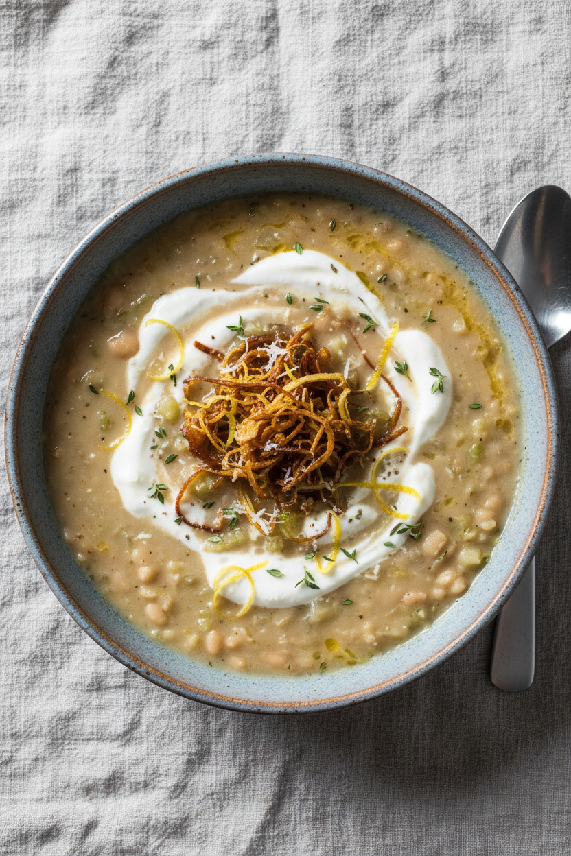Lemony White Bean Soup with Crispy Leeks