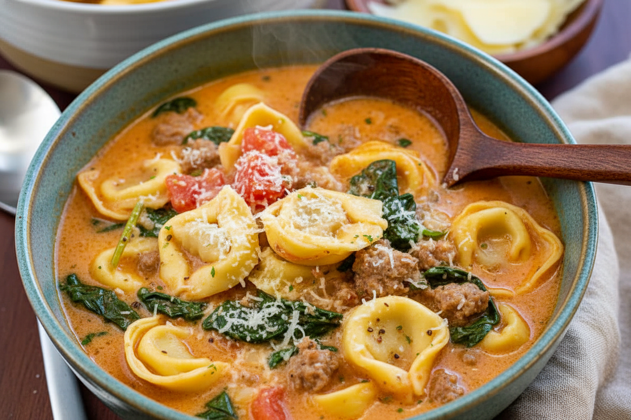 One Pot Italian Sausage Tortellini Soup Recipe