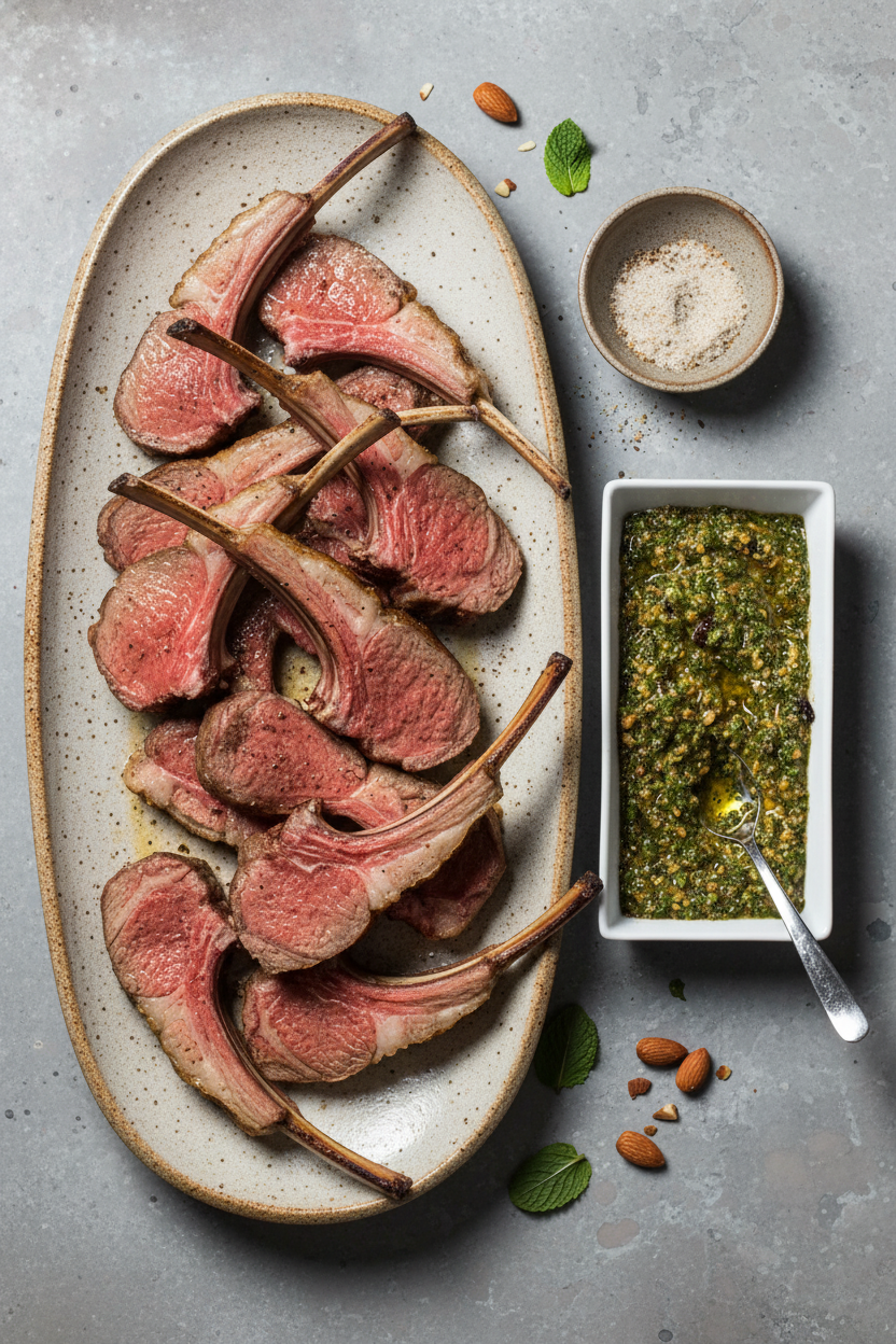 Roasted Lamb with Mint Almond Relish