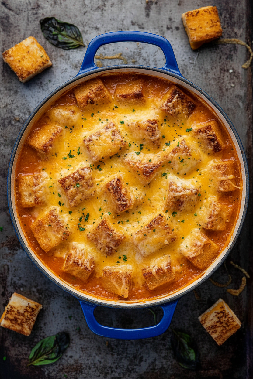 Roasted Tomato Soup with Grilled Cheese Croutons