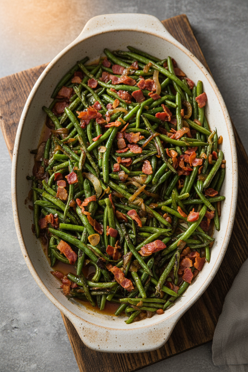 Savory Green Beans with Crispy Bacon and Onions