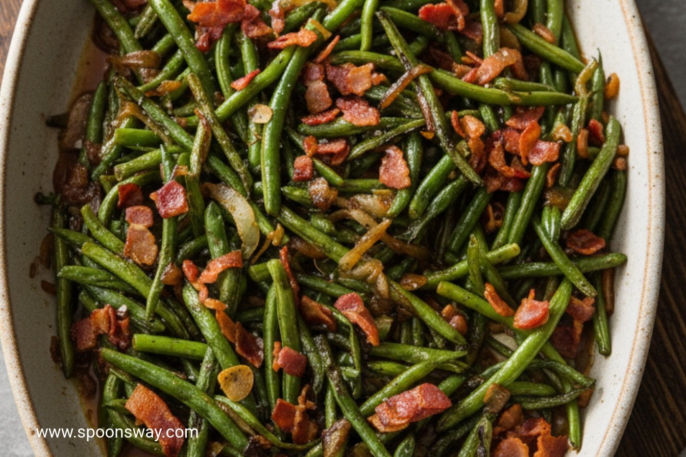 Savory Green Beans with Crispy Bacon and Onions