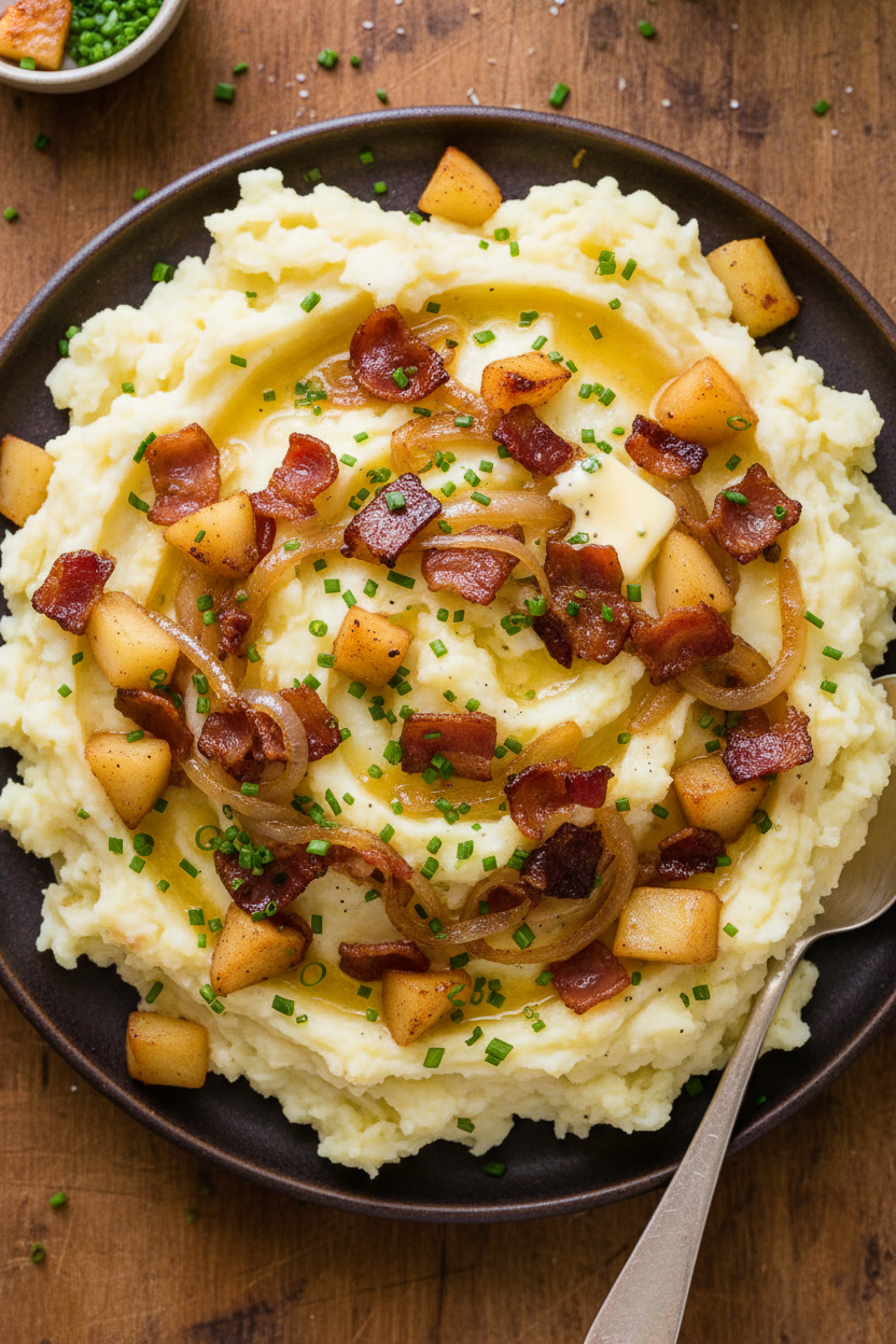 Savory Mashed Potatoes with Apples Bacon and Onions