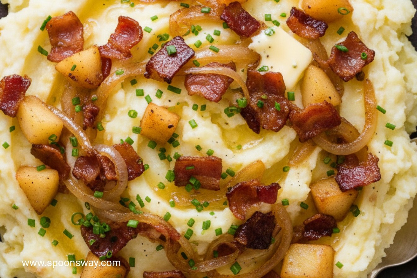 Savory Mashed Potatoes with Apples Bacon and Onions