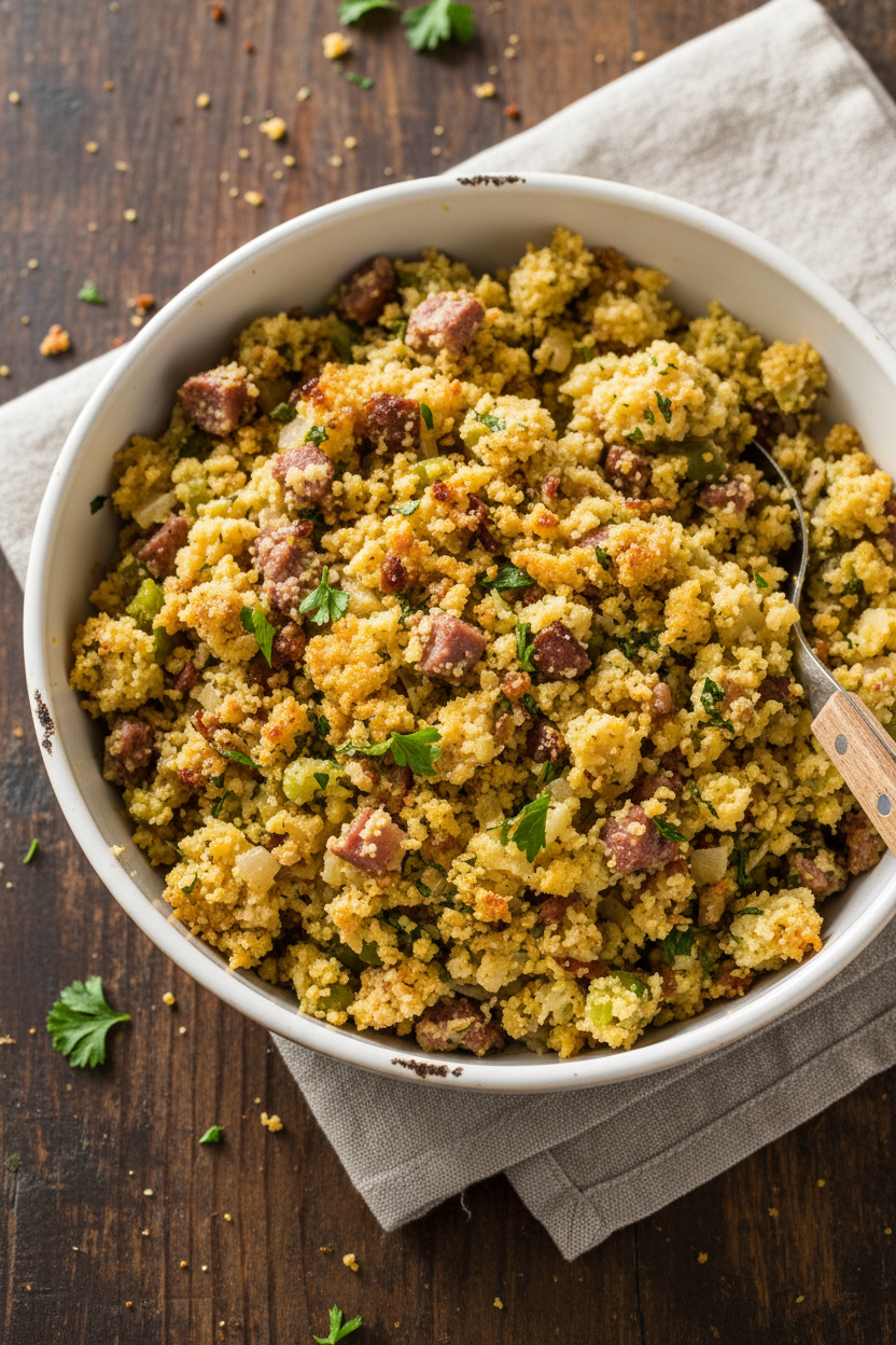 Southern Cornbread Dressing with Sausage and Herbs