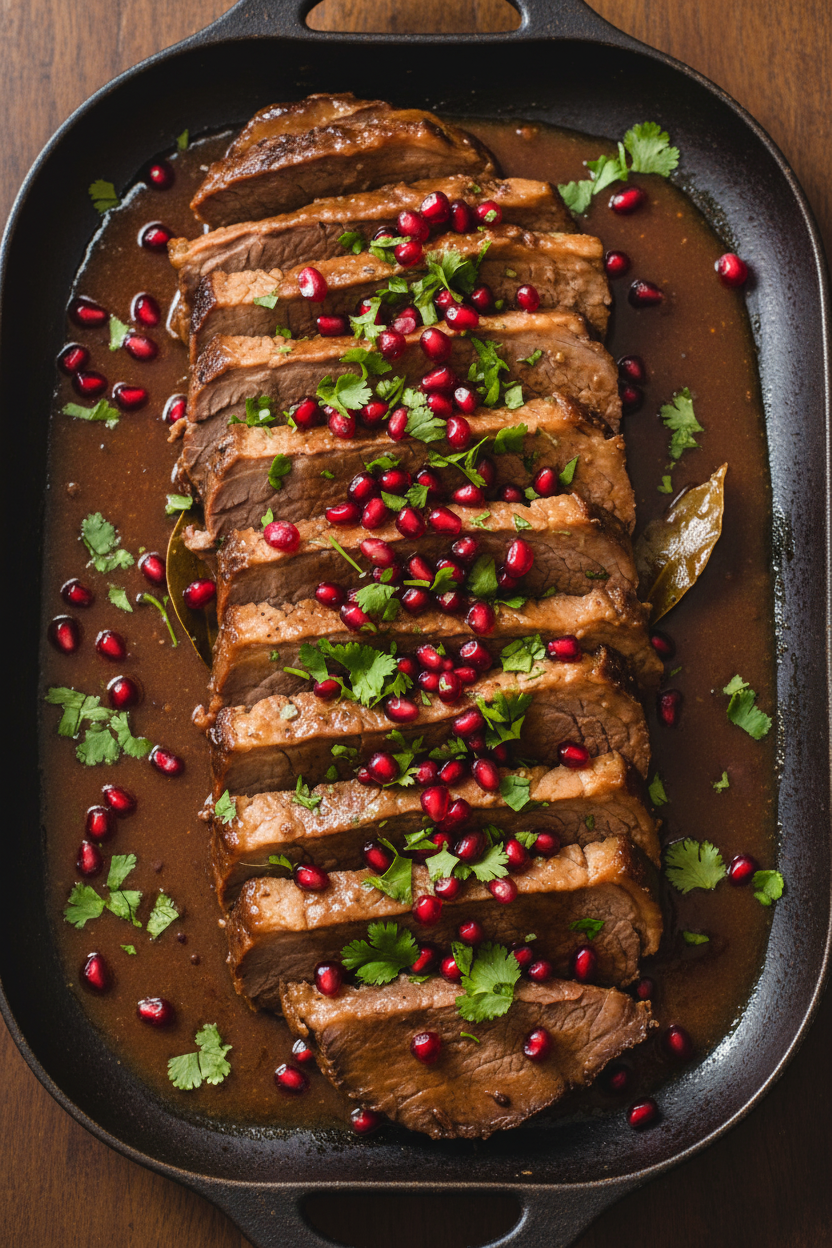 Spiced Pomegranate Braised Brisket with Cilantro