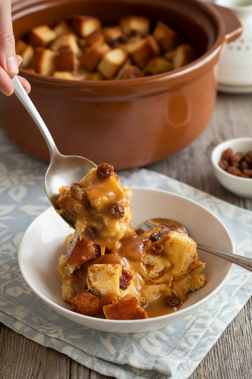 Spiced Rum Raisin Slow Cooker Pudding