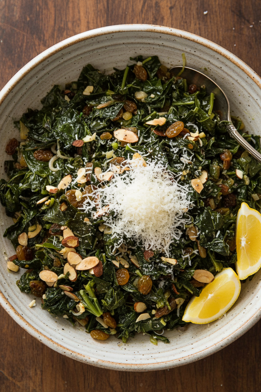 Sweet Savory Collard Greens with Raisins and Almonds