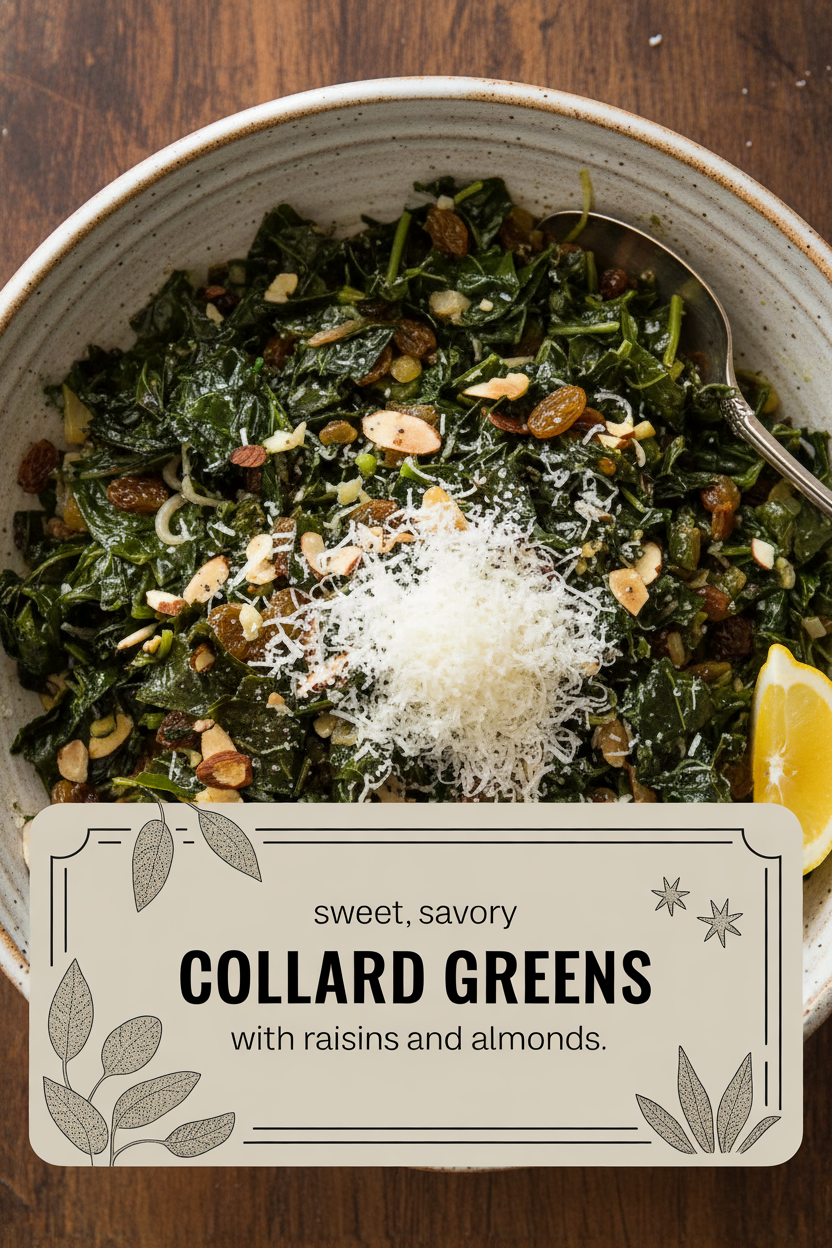 Sweet Savory Collard Greens with Raisins and Almonds