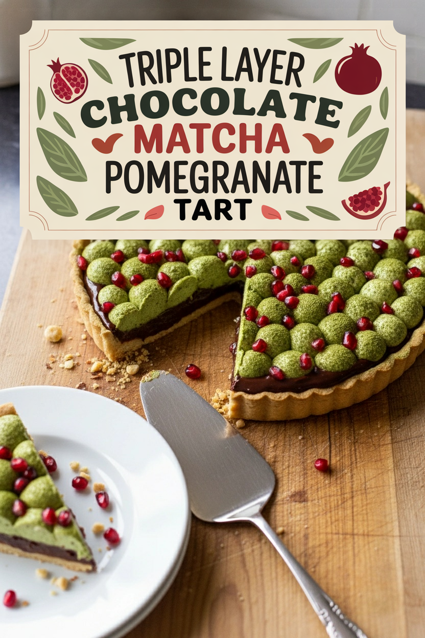 Triple Layer Chocolate Matcha Pomegranate Tart