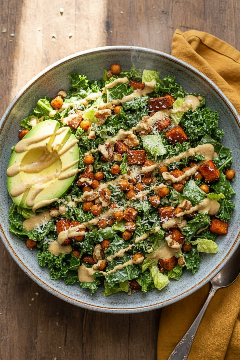 Roasted Sweet Potato and Chickpea Caesar Salad