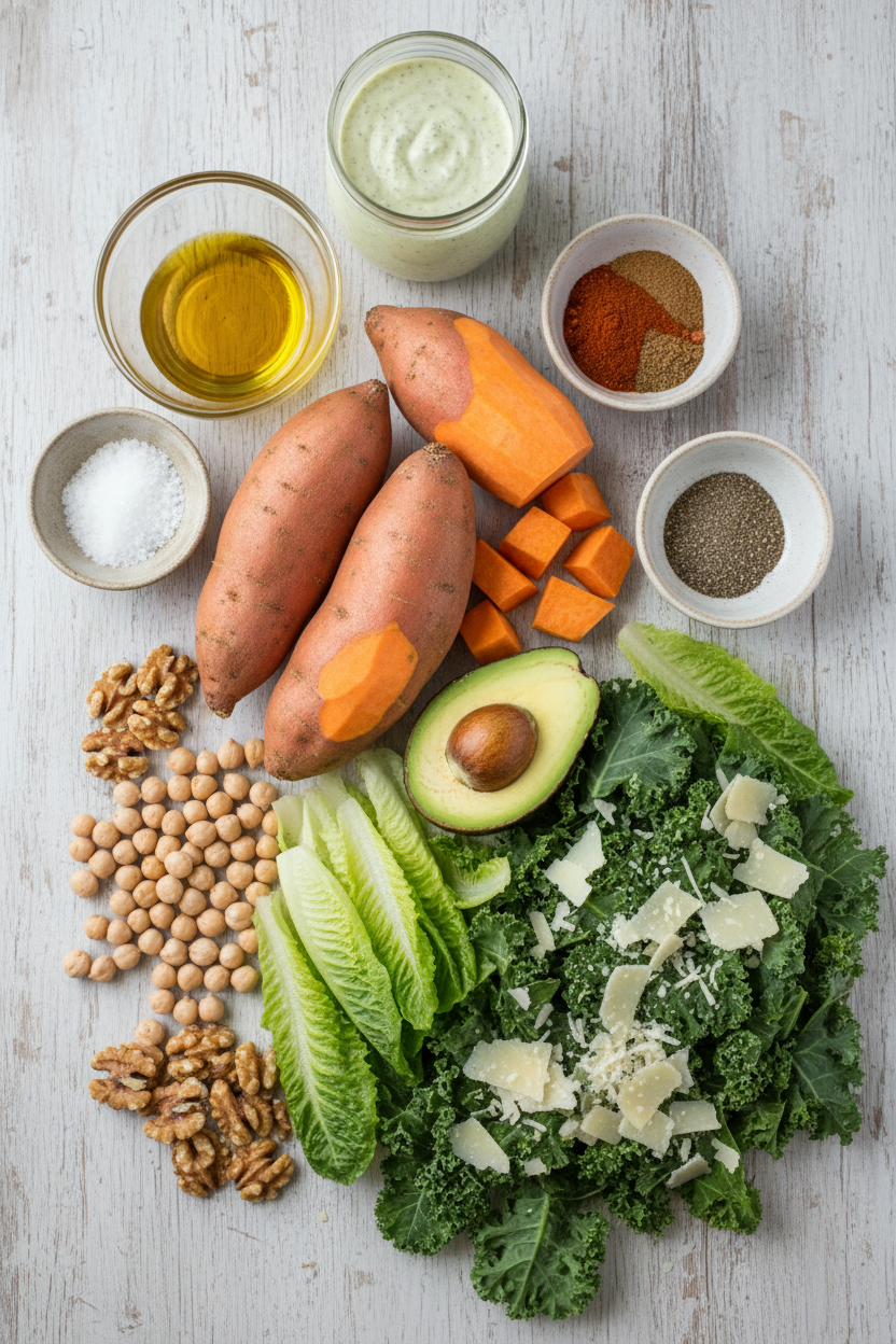 Roasted Sweet Potato and Chickpea Caesar Salad