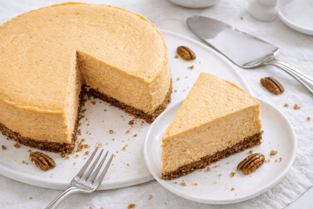 Delicious pecan cheesecake with a graham cracker crust, served on a white plate.