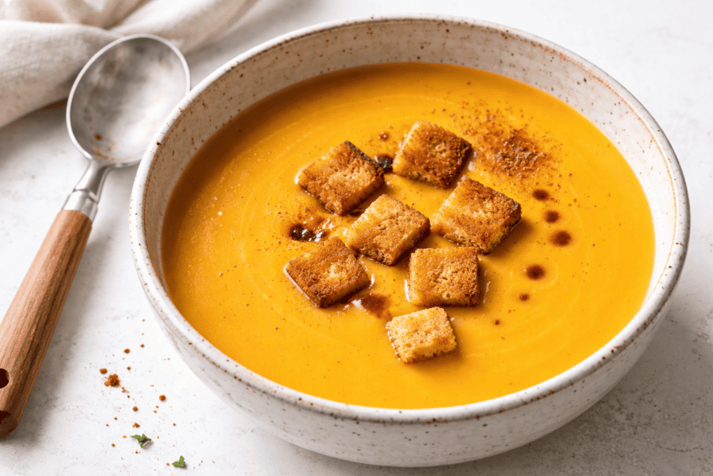 Creamy pumpkin soup garnished with crispy croutons and a drizzle of olive oil. Perfect for cozy autu.
