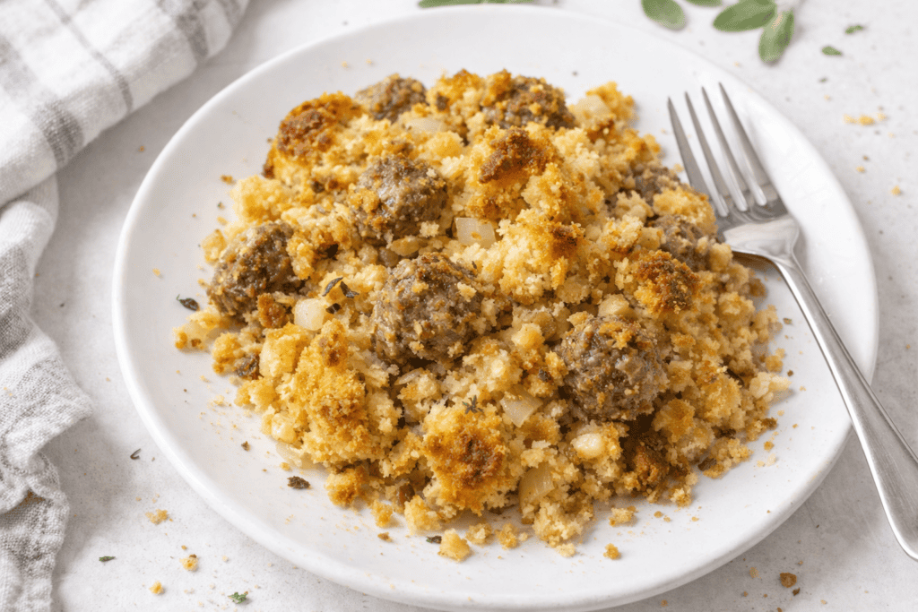 Delicious baked meatball casserole with golden breadcrumbs and melted cheese.