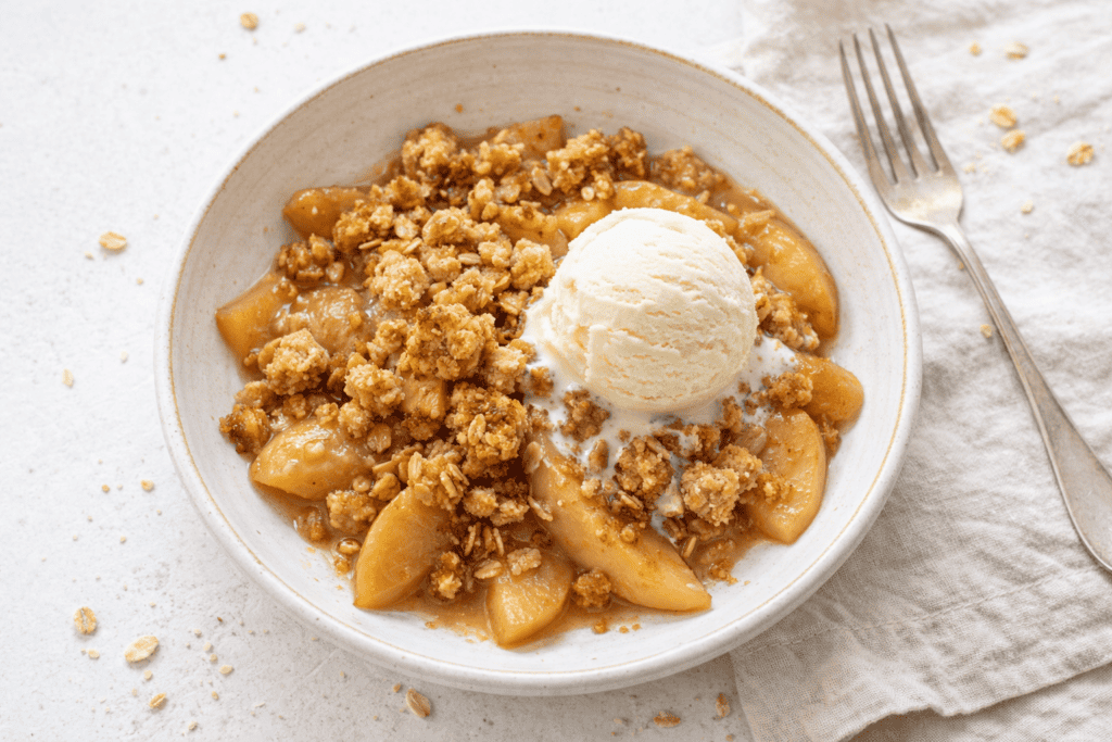 Delicious apple crisp topped with crunchy streusel and a scoop of vanilla ice cream. Perfect for coz.