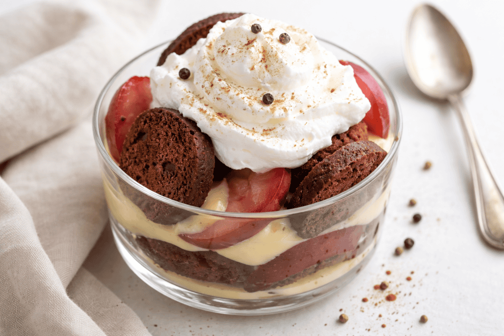 Delicious dessert parfait with cookies, cream, and fresh fruit in a glass bowl.