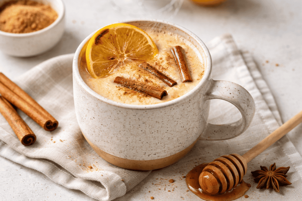 Warm honey lemon tea with cinnamon and star anise in a cozy ceramic mug.