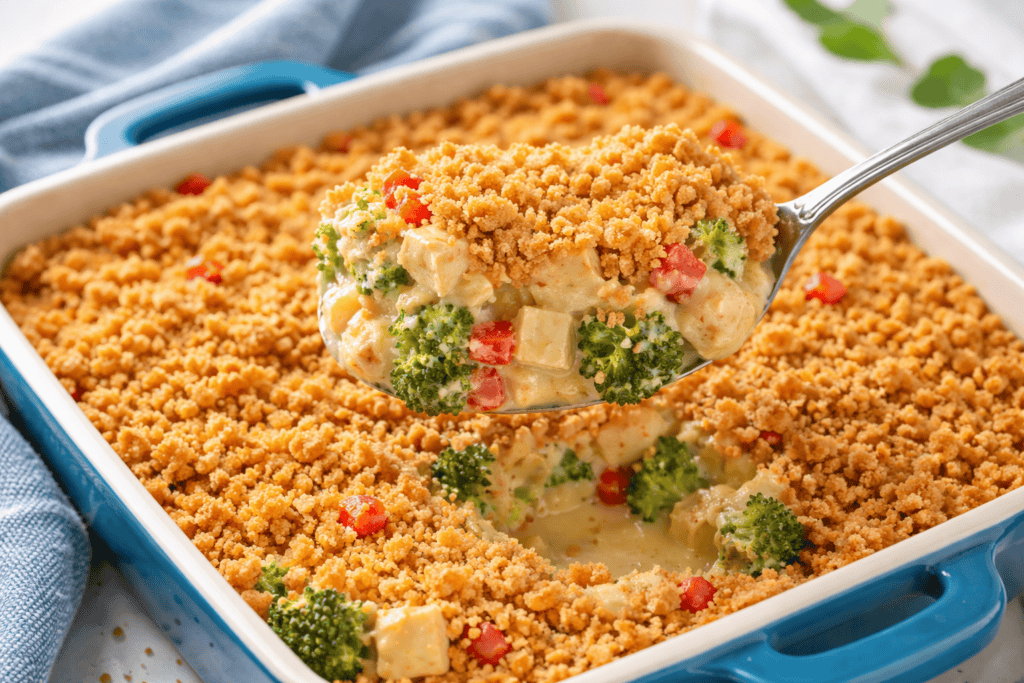 Delicious broccoli chicken casserole with a crunchy breadcrumb topping, perfect for family dinners.