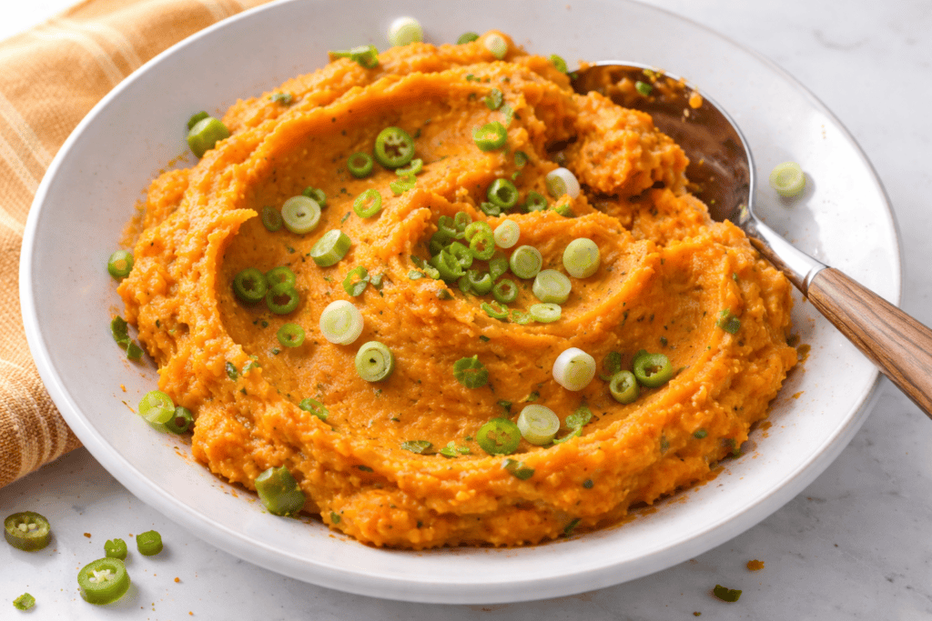 Creamy sweet potato mash topped with chopped green onions in a white bowl.