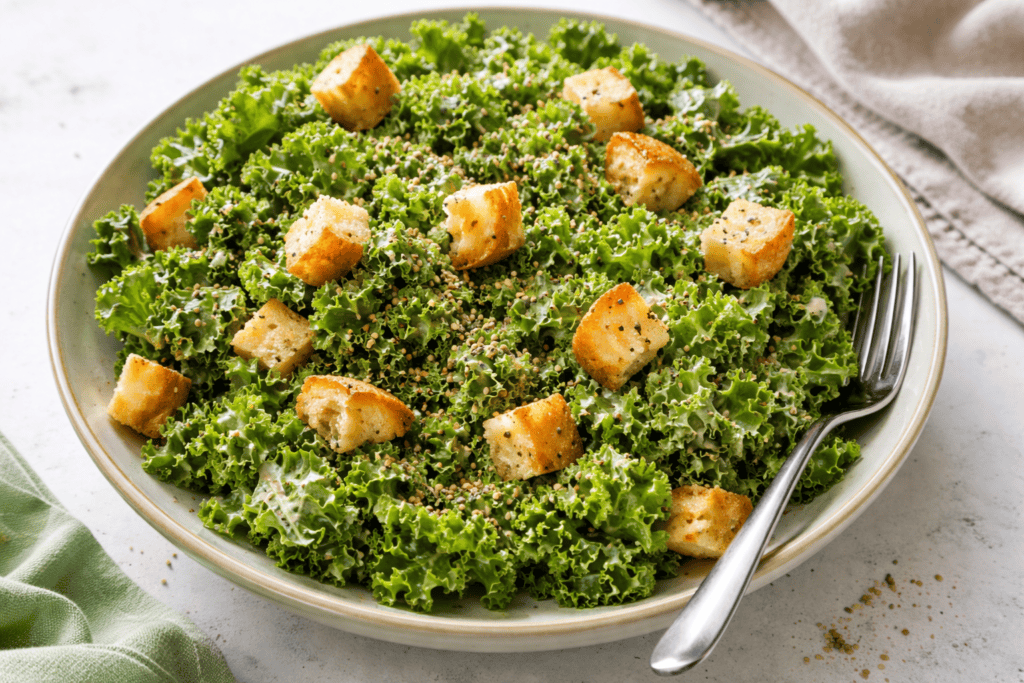 Healthy kale Caesar salad with crunchy croutons and grated cheese. Perfect for a nutritious and deli.