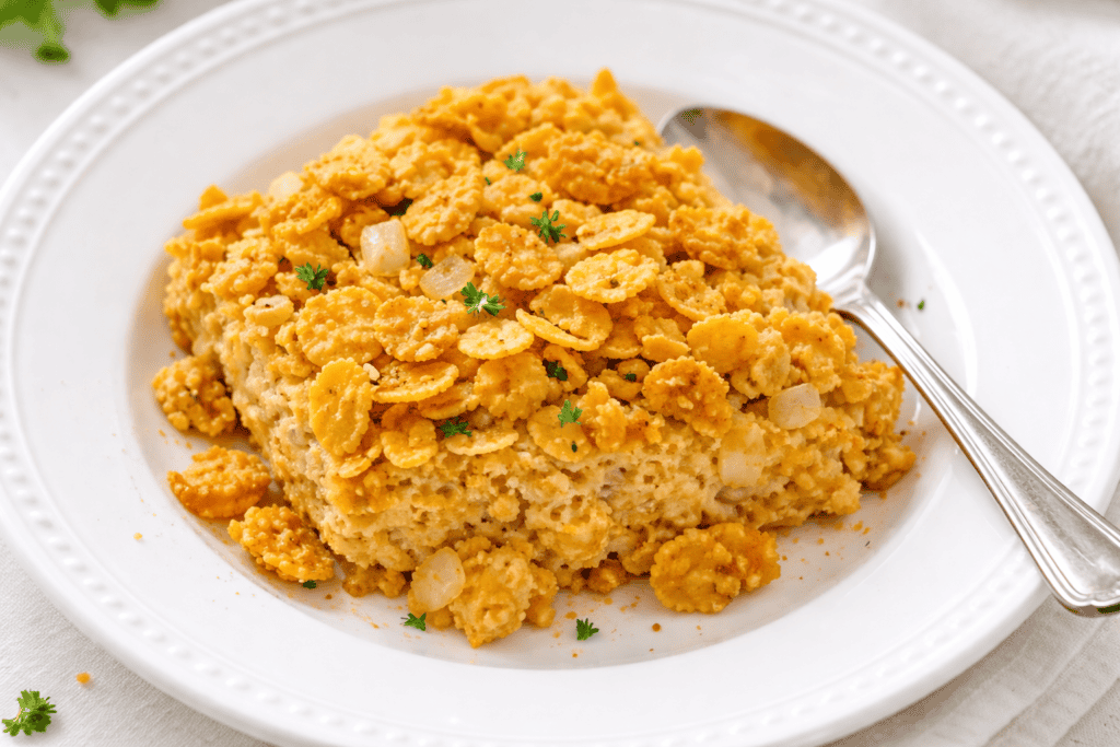 Chicken casserole with crunchy crumb topping on a white plate.