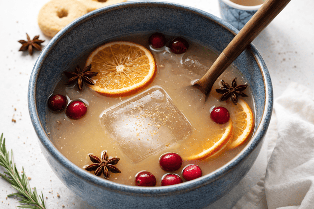 Refreshing cranberry orange drink with spices and ice in a blue bowl.