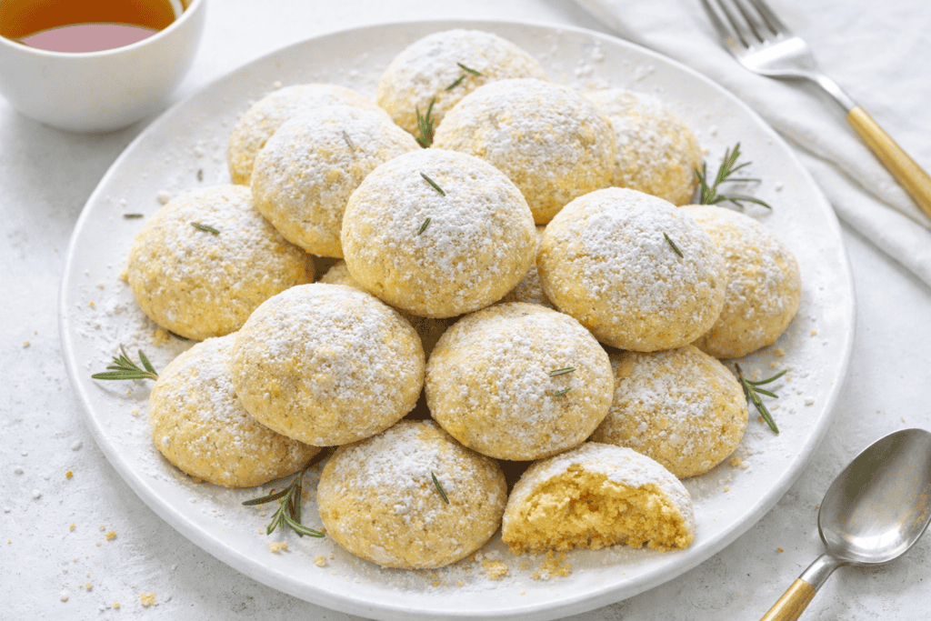Delicious lemon ricotta cheese balls dusted with powdered sugar on a white plate.
