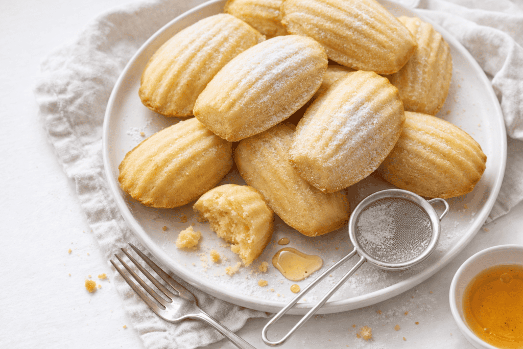 Freshly baked madeleines on a white plate with honey and tea, perfect for snacks or desserts.