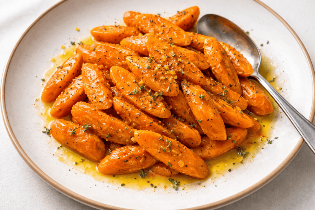 Fresh glazed carrots garnished with herbs on a white plate.