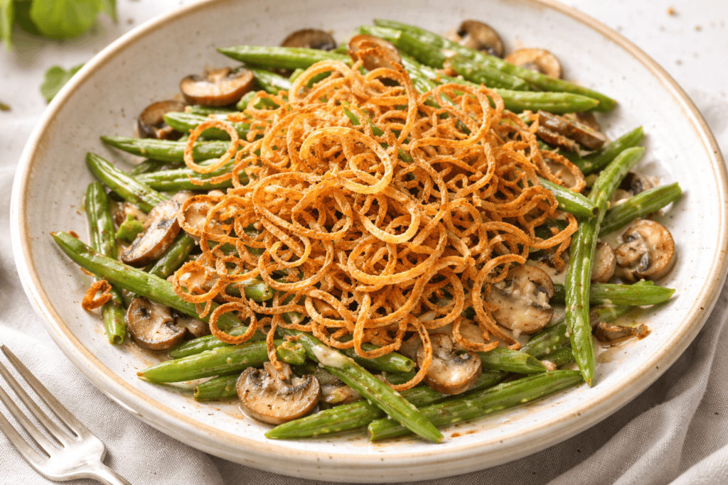 Green beans with mushrooms topped with crispy fried onions on a white plate.
