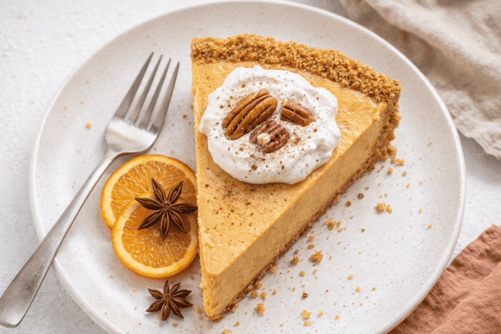 Pumpkin pie slice with whipped cream, pecans, and spices on a white plate.