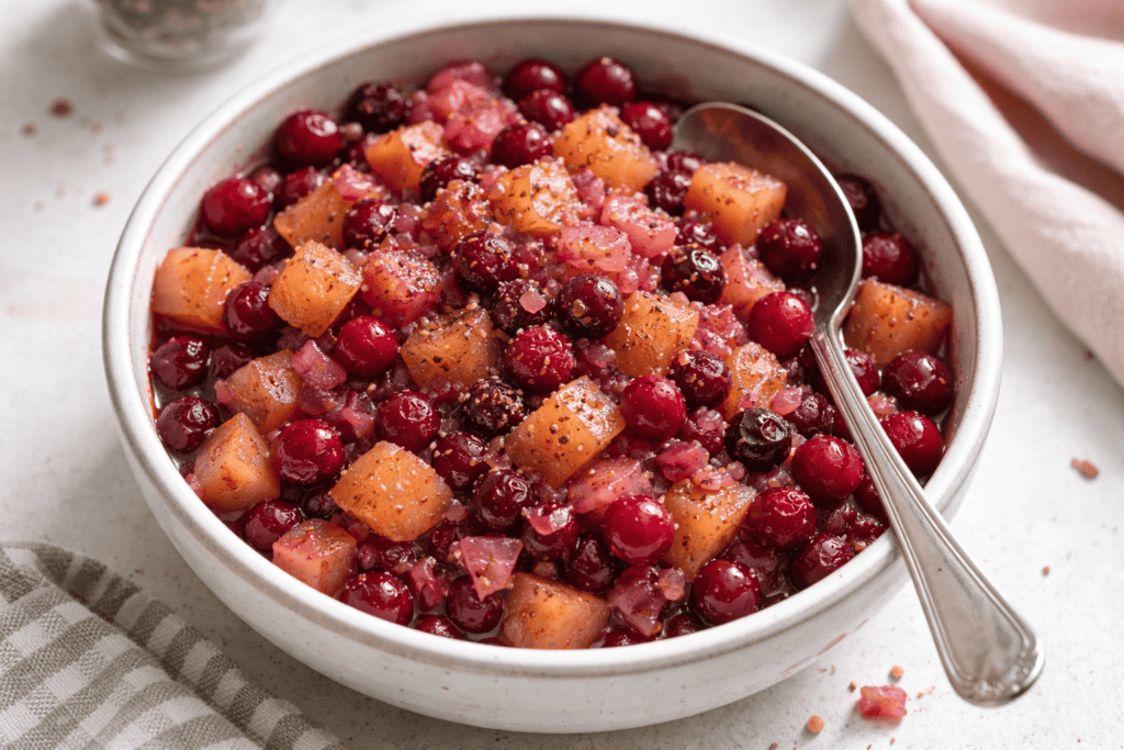 Fresh fruit salad with berries and melon cubes in a white bowl.