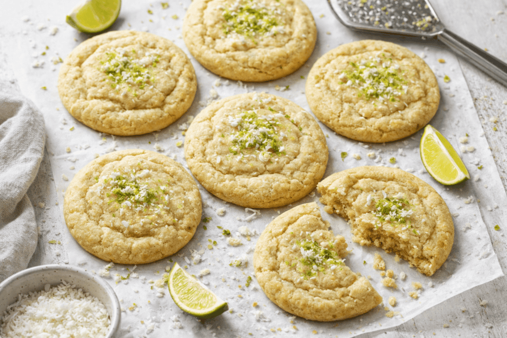 Delicious lemon sugar cookies with a zesty lime garnish on a rustic surface. Perfect for baking and.