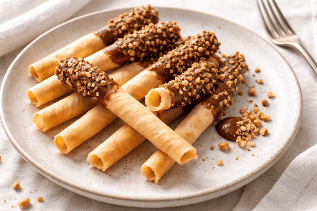 Delicious caramel-coated cookie rolls with crunchy nut topping on a white plate.