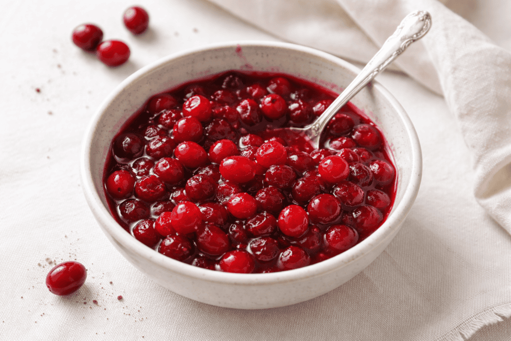 Bowl of fresh cranberry sauce with a spoon, ready to serve.