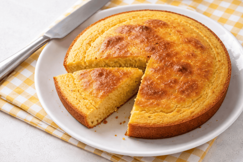 Delicious homemade cornbread with a golden crust on a white plate.