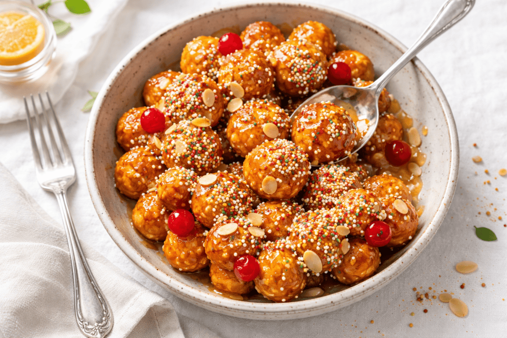 Delicious donut holes coated with glaze, colorful sprinkles, and topped with cherries, perfect for d.