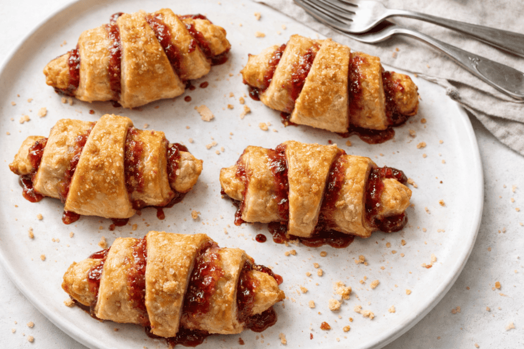 Mini chicken pot pies with flaky pastry and savory filling on a white plate.