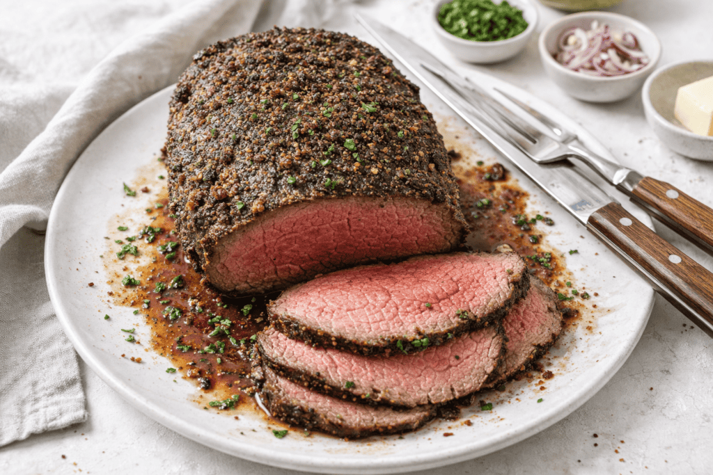 Juicy prime rib roast with a flavorful peppercorn crust, sliced to reveal tender, medium-rare meat.
