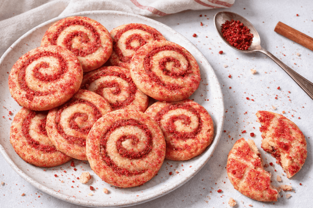Delicious spiral sugar cookies with pink sugar topping on a white plate. Perfect for holidays and sp.