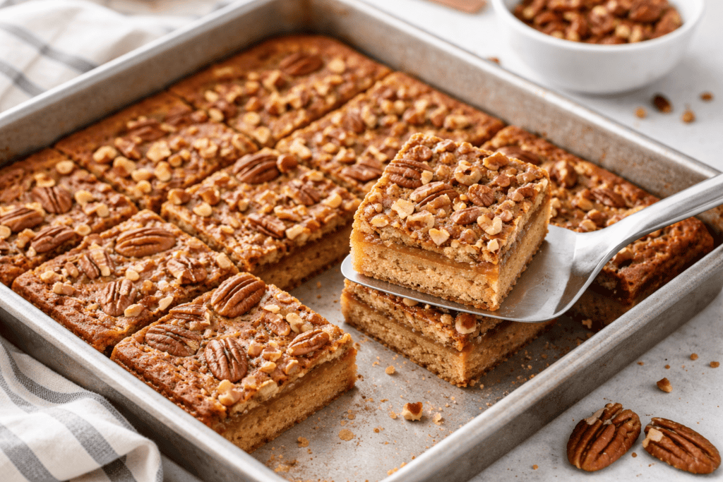 Pecan bars with crunchy streusel topping in a baking dish. Perfect for dessert or snack.