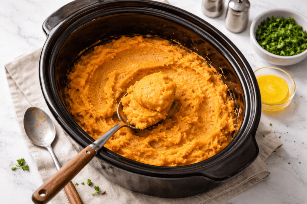 Smooth, golden mashed sweet potatoes in a slow cooker with herbs and butter.