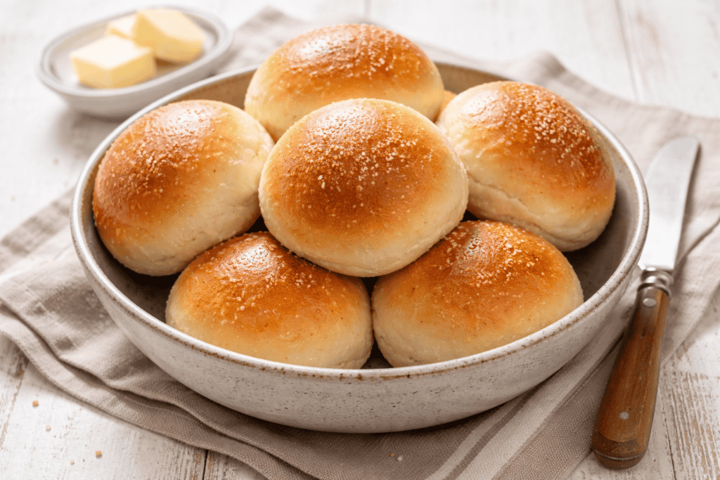 Freshly baked soft dinner rolls with a golden crust in a ceramic dish.