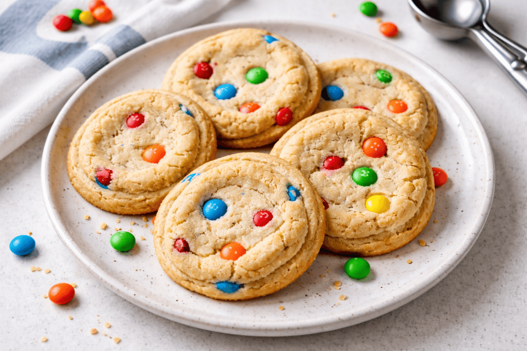 Cookies with M&Ms, colorful chocolate candies, served on a white plate.