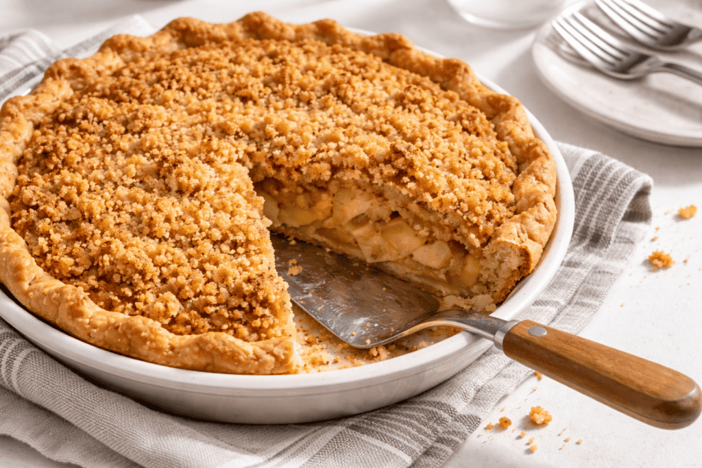 Delicious apple crumble pie with golden topping and flaky crust.
