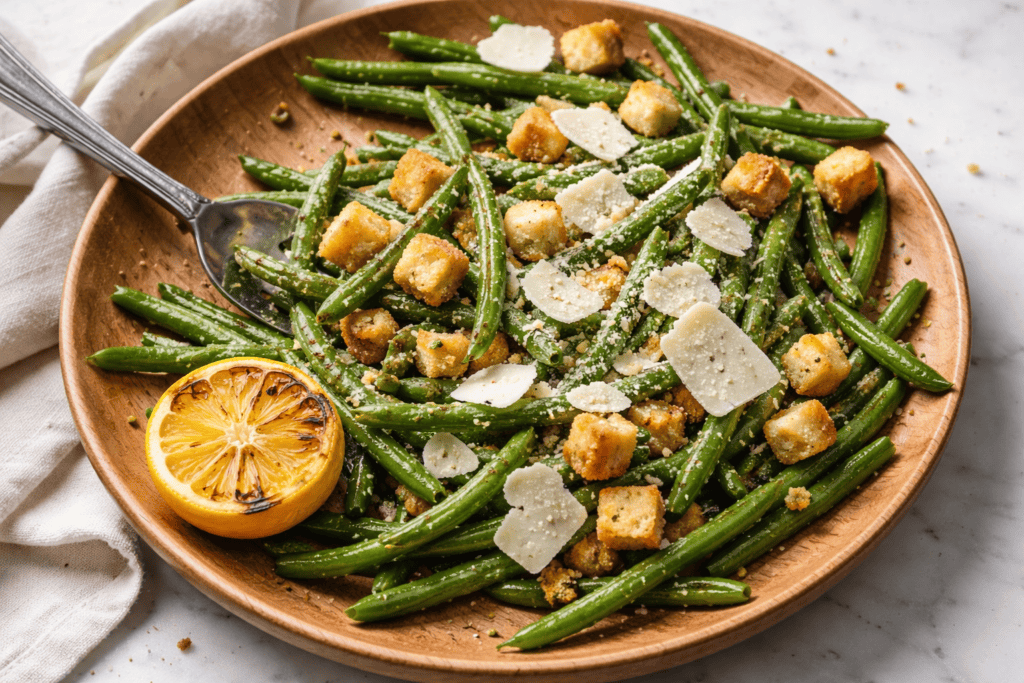 Fresh green bean salad with croutons and Parmesan cheese on a wooden plate.