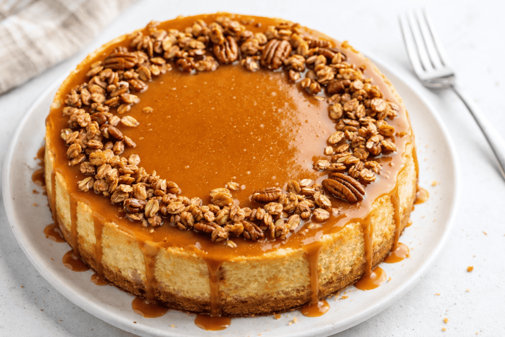 Delicious caramel pecan cheesecake topped with crunchy pecans and smooth caramel sauce. Perfect for.