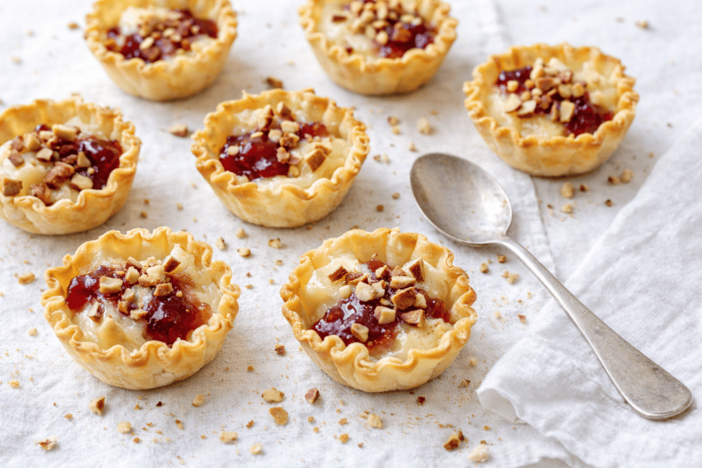 Delicious mini tartlets filled with fruit jam and topped with chopped nuts, perfect for desserts or.