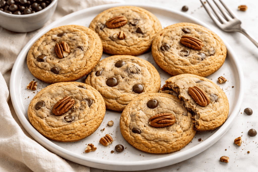 Delicious homemade chocolate chip cookies topped with pecans, perfect for snacking or dessert.